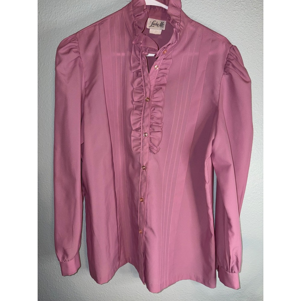 Vintage Lucky Me Mauve Pink Ruffle Neck Pintuck Blouse Long Sleeve Size 38